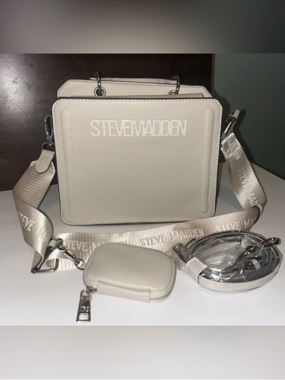 Steve Madden Cream Boxy Crossbody with Branded Strap